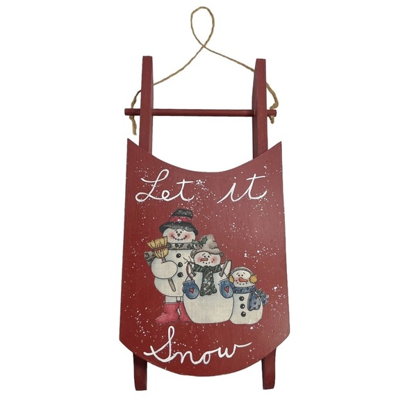 Red Hand Painted Snowy Snowmen Let It Snow Mini Hanging Sled Decor - Picture 1 of 10